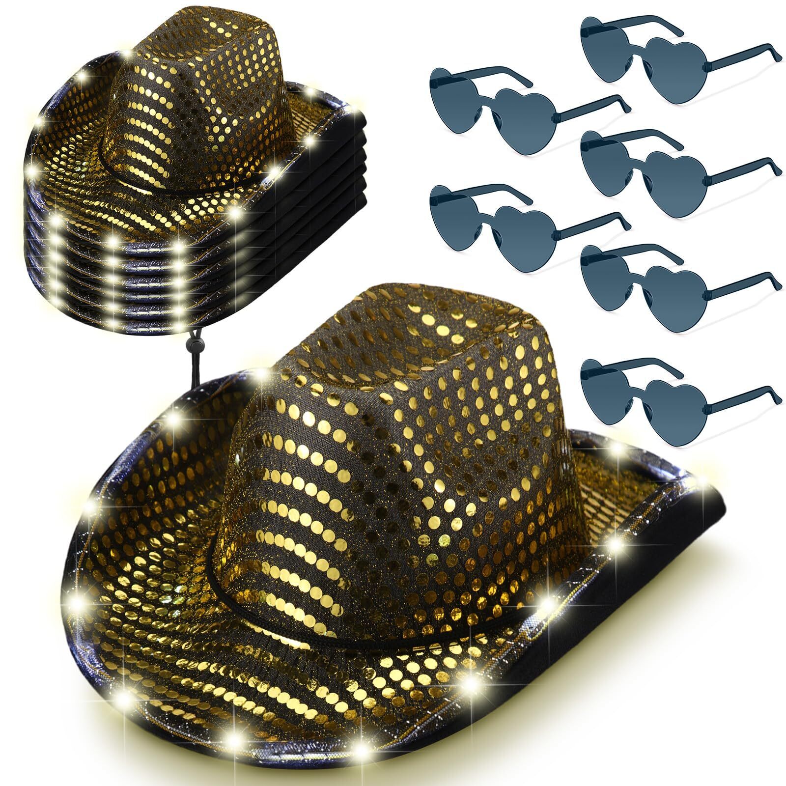 6112 6 Set Led Cowboy Hat Light Up Glitter Cowboy Hat With Sunglasses Sequin